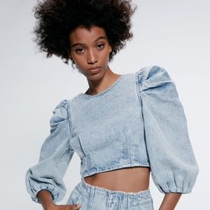 Zara BALLOON SLEEVE DENIM TOP